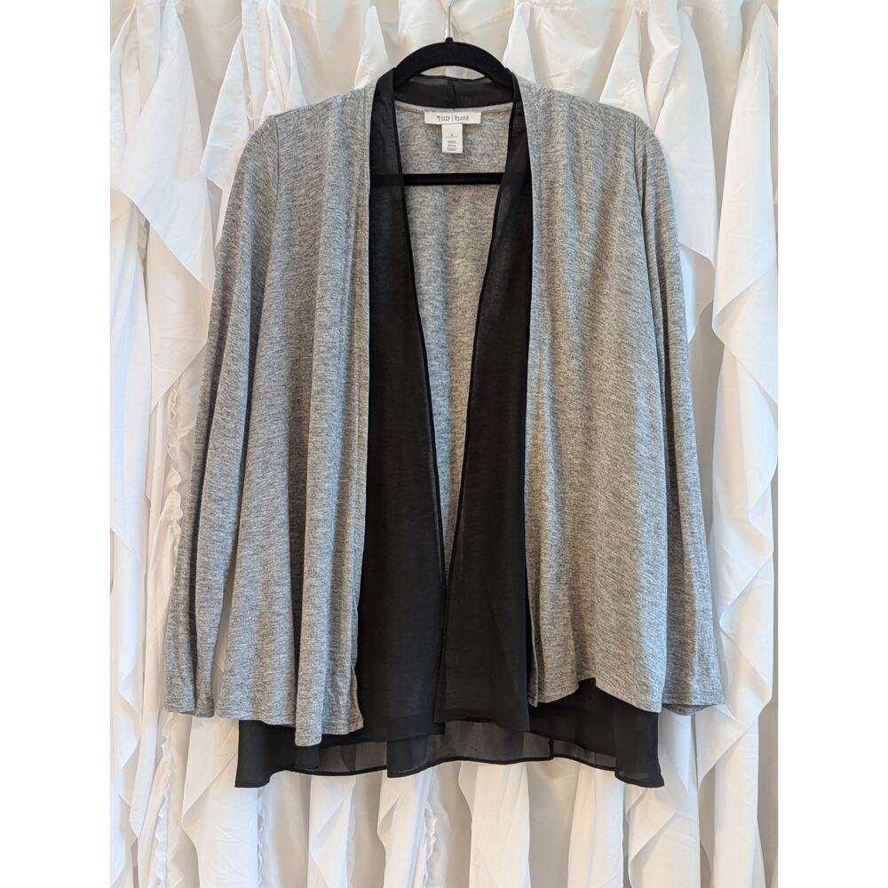 White House Black Market Size Small Gray Open Cardigan with Black Chiffon Trim